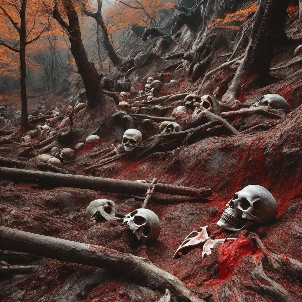  masterpiece, best quality,Draw a picture of skeletons like mountains, skeletons like forests. Human hair into felt pieces, human skin rotten into mud dust. Human tendons wrapped in trees, dry scorched bright as silver. It is really a mountain of corpses and a sea of blood, really smelly. This scene