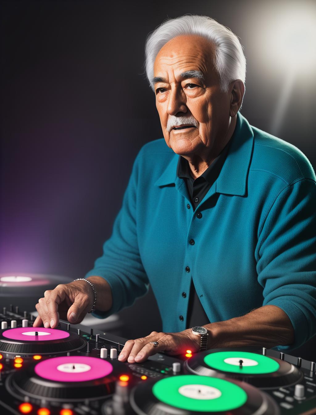  Pensioner dj on decks with neon lights hyperrealistic, full body, detailed clothing, highly detailed, cinematic lighting, stunningly beautiful, intricate, sharp focus, f/1. 8, 85mm, (centered image composition), (professionally color graded), ((bright soft diffused light)), volumetric fog, trending on instagram, trending on tumblr, HDR 4K, 8K