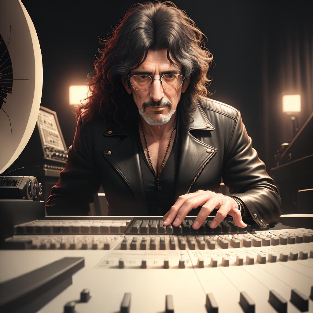  ((masterpiece)), (((best quality))), 8k, high detailed, ultra-detailed. A realistic portrait of Charly Garcia, a legendary Argentine musician and songwriter. The main subject is Charly Garcia, a middle-aged man with long curly hair and a beard, wearing round glasses and a black leather jacket. The background consists of a dimly lit recording studio, with vintage analog audio equipment, including a mixing console and reel-to-reel tape machines. Charly Garcia is seated at a grand piano, his fingers gracefully gliding across the keys as he passionately sings into a vintage microphone. The room is filled with musical notes floating in the air, symbolizing the artist's creative energy. The atmosphere is nostalgic and evokes a sense of musical ge hyperrealistic, full body, detailed clothing, highly detailed, cinematic lighting, stunningly beautiful, intricate, sharp focus, f/1. 8, 85mm, (centered image composition), (professionally color graded), ((bright soft diffused light)), volumetric fog, trending on instagram, trending on tumblr, HDR 4K, 8K