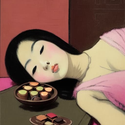  Attractive Beautiful young Asian reclining with moist pink open lips. Forground is plates of fine dark chocolates. Background is a Asian palace. Painting style of Edgar Degas