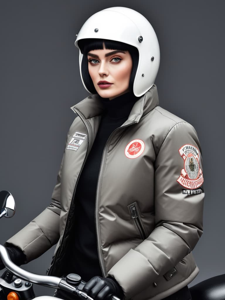  Fashion editorial style down jacket, nun on a motorcycle print, (excellent quality, 4k, hq texture, hdr, detailed) . High fashion, trendy, stylish, editorial, magazine style, professional, highly detailed