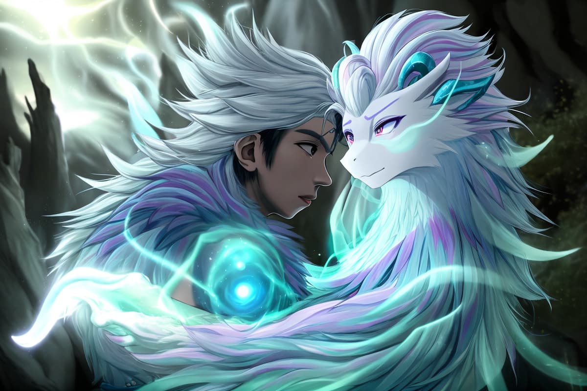  https://i.postimg.cc/L4bT7K4n/image.png An enchanting fusion of fantasy and anime where Sisu Datu, a majestic dragon in humanoid form, shares a tender embrace with the mystical Gojo Satoru amidst a backdrop of swirling magical energy. The scene is illuminated by the soft glow of bioluminescent flora, casting ethereal shadows that dance around them, highlighting the emotional depth and connection between these two beings from different realms.