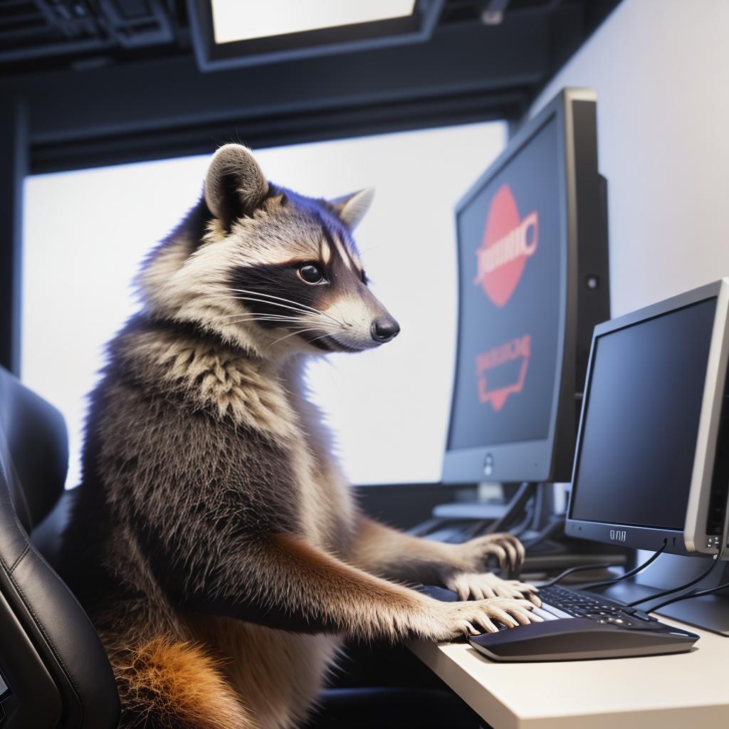  raccoon sitting in gaming chair front a computer on desktop, ((semi anthropomorphic)),(full body), tail, belly, sitting, fat, (chubby), (((white background))), solo, desktop, gaming chair, side view,  [[[clothes]]] hyperrealistic, full body, detailed clothing, highly detailed, cinematic lighting, stunningly beautiful, intricate, sharp focus, f/1. 8, 85mm, (centered image composition), (professionally color graded), ((bright soft diffused light)), volumetric fog, trending on instagram, trending on tumblr, HDR 4K, 8K