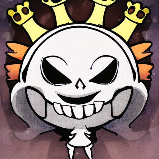  smiling egg, mouth full of teeth, eyes not attached to the skull, crown on the head, short legs, arms raised