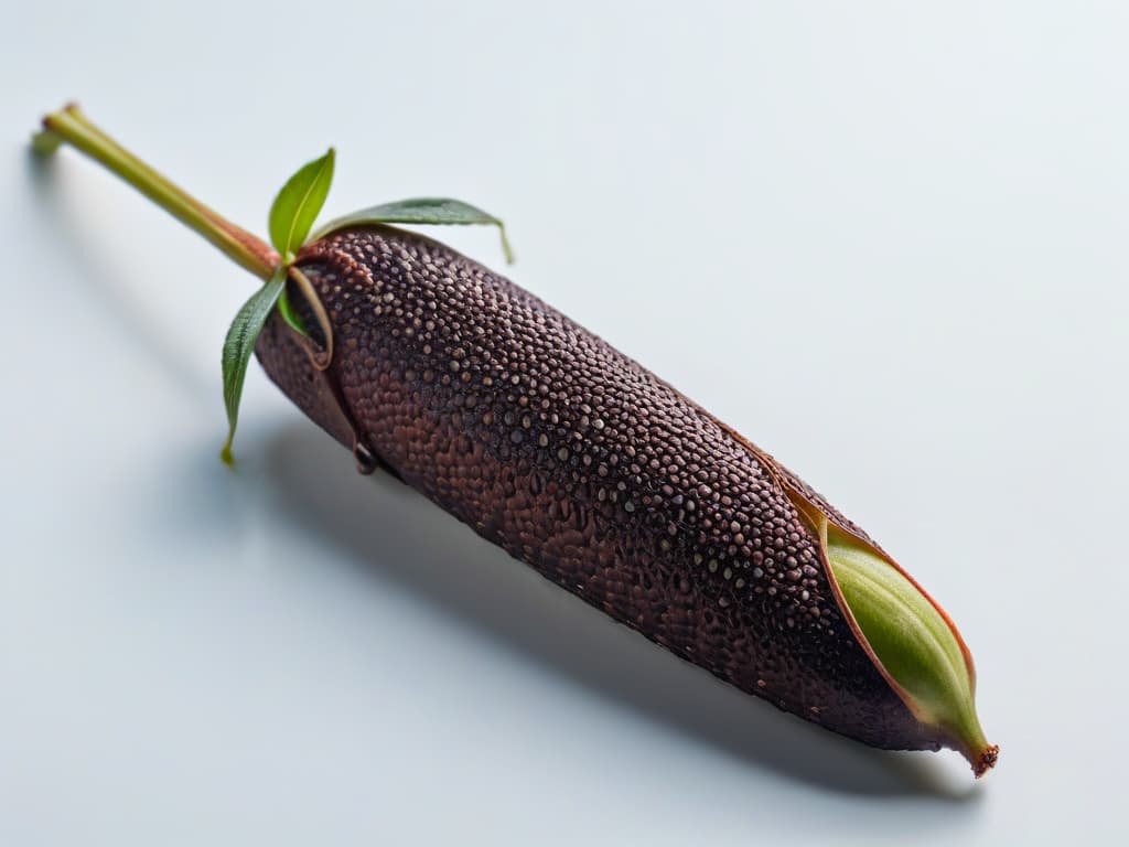  An ultradetailed closeup photograph of a single vanilla bean pod, showcasing its intricate texture and natural beauty. The image should be captured in soft, natural lighting, highlighting the pod's slender shape and tiny specks of vanilla seeds visible on its surface. The background should be a muted, blurred backdrop to emphasize the simplicity and elegance of the vanilla bean. hyperrealistic, full body, detailed clothing, highly detailed, cinematic lighting, stunningly beautiful, intricate, sharp focus, f/1. 8, 85mm, (centered image composition), (professionally color graded), ((bright soft diffused light)), volumetric fog, trending on instagram, trending on tumblr, HDR 4K, 8K