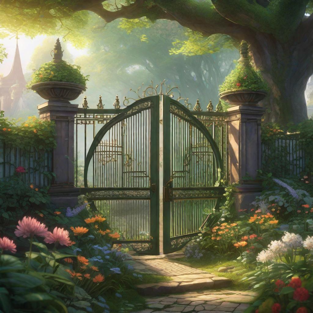  Garden fence door., anime concept art by Hayao Miyazaki, featured on pixiv, fantasy art, concept art, official art, high detailed hyperrealistic, full body, detailed clothing, highly detailed, cinematic lighting, stunningly beautiful, intricate, sharp focus, f/1. 8, 85mm, (centered image composition), (professionally color graded), ((bright soft diffused light)), volumetric fog, trending on instagram, trending on tumblr, HDR 4K, 8K