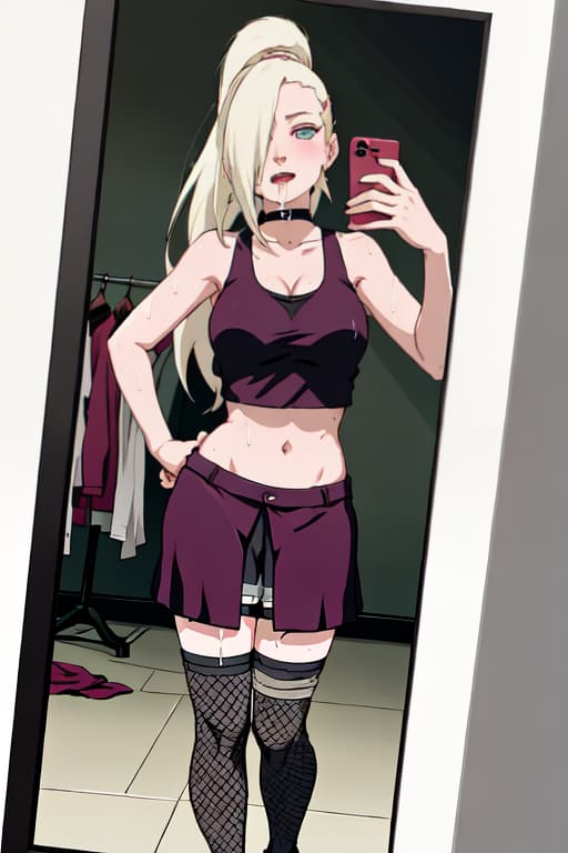 (yamanaka_ino:1.2), hair down,detailed eyes, Perfect features, (masterpiece), (best quality:1.4), absurdres, [:intricate details:0.2], moist skin, shiny skin, glossy skin,fullbody,fitting_room,caught,selfie,taking picture,cellphone depth of field, female pov, holding phone, looking at phone, mirror,, phone photo, background, reflection,lace-trimmed_legwear,student,tank_top,tongue out,drooling,grab,in mouth,scornful face,soggywet,,sweating_profusely,medium,cat_tail