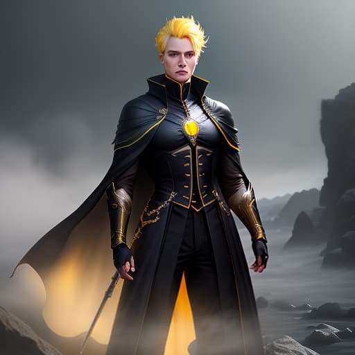  On the image, there is one young man. He is standing upright. He has yellow hair. His eyes are blue. He is wearing a black long cape with yellow inserts. hyperrealistic, full body, detailed clothing, highly detailed, cinematic lighting, stunningly beautiful, intricate, sharp focus, f/1. 8, 85mm, (centered image composition), (professionally color graded), ((bright soft diffused light)), volumetric fog, trending on instagram, trending on tumblr, HDR 4K, 8K