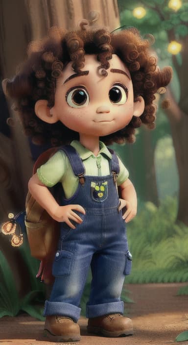  {The tree with a twinkling eye, while its leaves gently rustle., Riley, a curious with big brown eyes and curly hair, wearing overalls and carrying a small backpack. Their friend, Skye, a bluebird with shiny feathers.