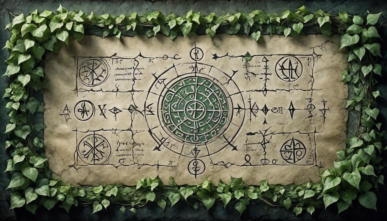  on parchment, surrealism+++, A cracked, ancient stone tablet with glowing runes, partially covered in ivy, symbols of growth, potential, mystical, enchanted, dark new age theme(mysterious, provocative, symbolic,muted color)+++