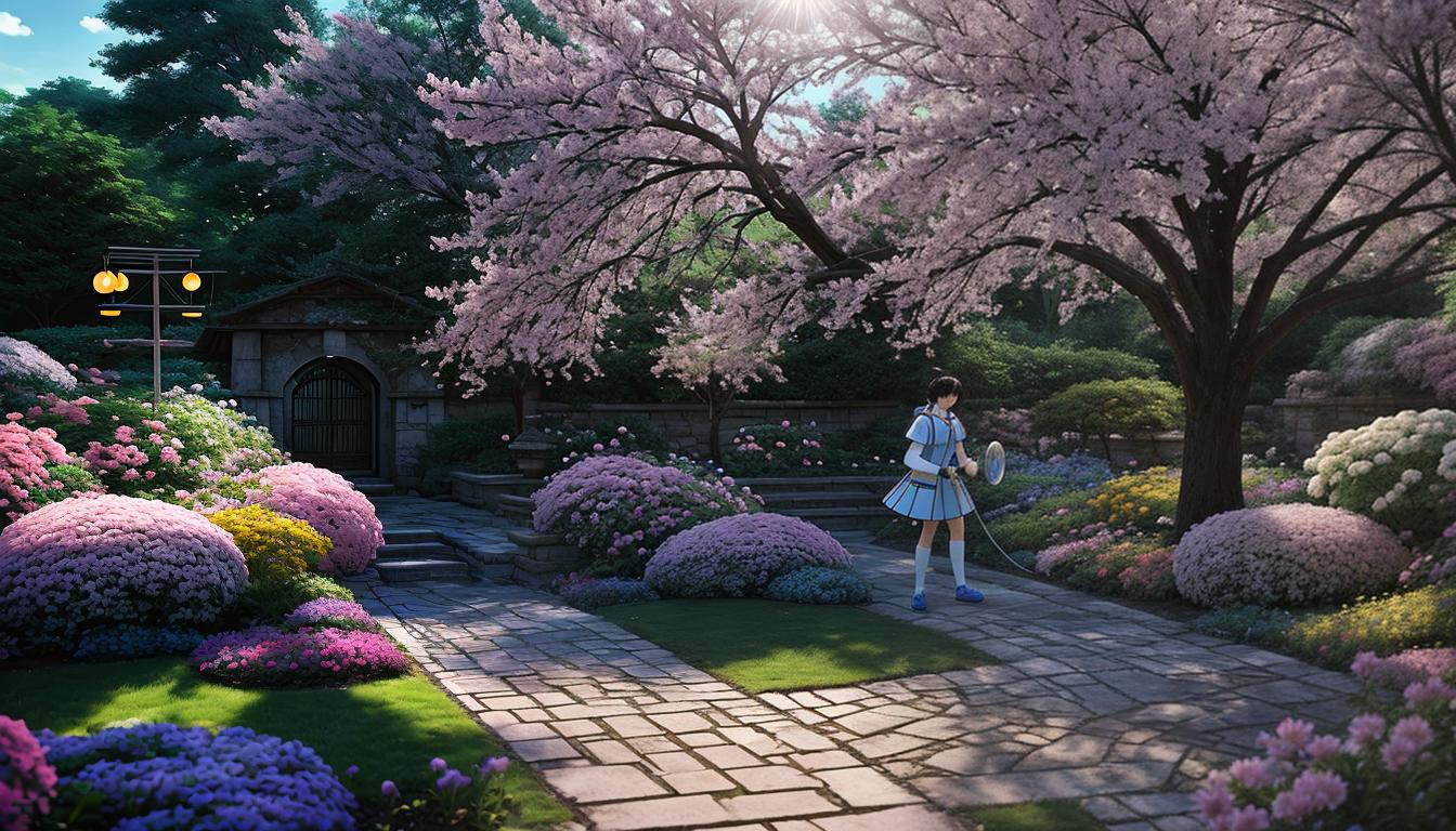  Retro anime aesthetics, retro futuristic Image needed, visually striking image, a well tended garden with blooming flowers, gardener watering the plants, vibrant colors, sense of care, growth, nurturing, 4k, HDR, lens flare