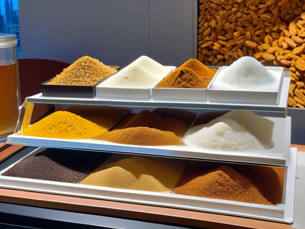  A closeup, ultradetailed image of various exotic sugars like panela, muscovado, and coconut sugar, elegantly arranged in a sleek, modern, and minimalistic display. Each sugar type is showcased in its unique texture and color, creating a visually striking contrast and inviting the viewer to appreciate the diversity and quality of these premium sweeteners. The lighting is soft yet focused, enhancing the natural hues and granular details of each sugar variety, making them appear almost tactile and tempting. hyperrealistic, full body, detailed clothing, highly detailed, cinematic lighting, stunningly beautiful, intricate, sharp focus, f/1. 8, 85mm, (centered image composition), (professionally color graded), ((bright soft diffused light)), volumetric fog, trending on instagram, trending on tumblr, HDR 4K, 8K