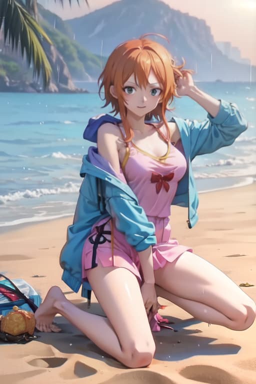  Nami from one piece tweaking in the rain on a beach, full body