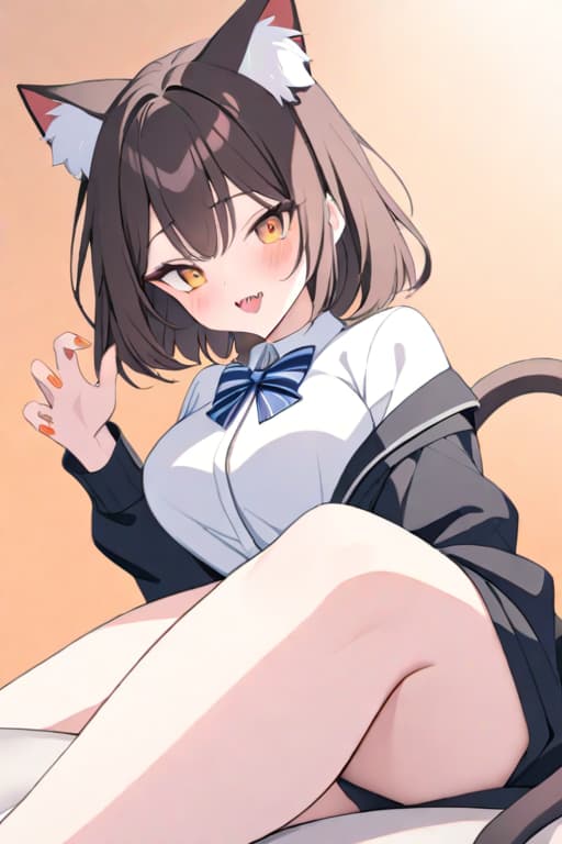  masterpiece, best quality, 1, solo, animal ears, bow, teeth, jacket, tail, open mouth, brown hair, orange background, bowtie, orange nails, simple background, cat ears, orange eyes, blue bow, animal ear fluff, cat tail, looking at viewer, upper body, shirt, uniform, hood, striped bow, striped, white shirt, black jacket, blue bowtie, fingernails, long sleeves, cat , bangs, fangs, collared shirt, striped bowtie, short hair, tongue, hoodie, sharp teeth, facial mark, claw pose hyperrealistic, full body, detailed clothing, highly detailed, cinematic lighting, stunningly beautiful, intricate, sharp focus, f/1. 8, 85mm, (centered image composition), (professionally color graded), ((bright soft diffused light)), volumetric fog, trending on instagram, trending on tumblr, HDR 4K, 8K