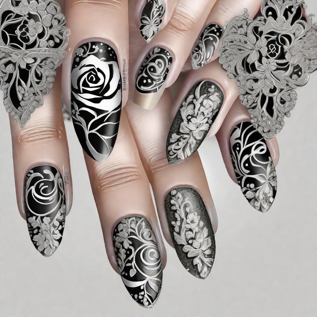  Masterpiece, best quality, a close-up of a hand decorated with an intricate manicure, showcasing delicate black roses and attractive motifs. The design uses harmonious black and white colors, with each petal and leaf carefully drawn. The background is composed of a soft, brilliant white, in subtle contrast to the vibrant manicure. The overall atmosphere exudes elegance and femininity, and this is a high-resolution photo that captures every intricate detail of the manicure. The light is soft and diffuse, illuminating the hand with a soft glow and delicate design. This photo was taken with a professional DSLR camera, using a macro lens to capture the intricate details of the manicure.