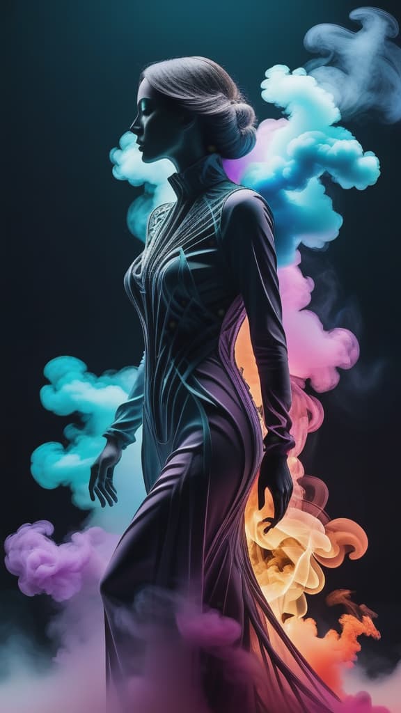  ultra detailed shot of a figure fully made of smoke in a female shape, full body zoomed, ((color explosion)), (ghostly figure) side view, motion effects, colorful smoke, studio lights, ultra sharp focus, high speed shot, art by Mschiffer, soft colors, hyperrealistic, full body, detailed clothing, highly detailed, cinematic lighting, stunningly beautiful, intricate, sharp focus, f/1. 8, 85mm, (centered image composition), (professionally color graded), ((bright soft diffused light)), volumetric fog, trending on instagram, trending on tumblr, HDR 4K, 8K