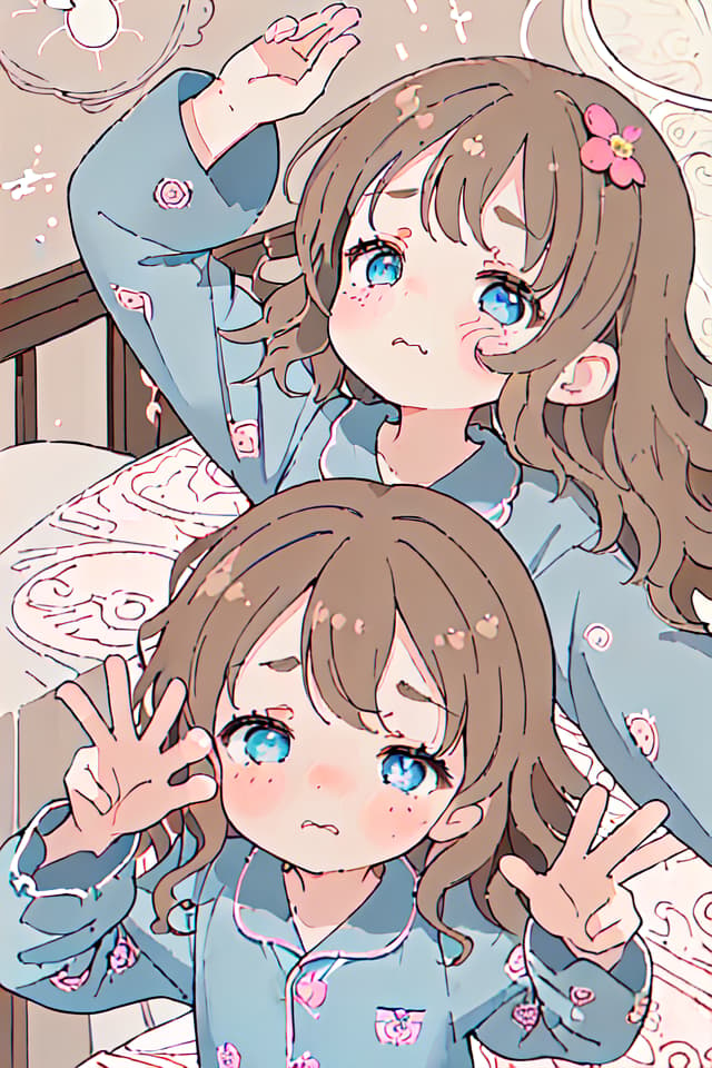  masterpiece,Best of the best,a girl,delicate brown hair color,((sleepy face)),(((winking))),(((half open eye)))1.5,(((wavy mouth〰))),speak 💤,(((hands raised))),((look up)),(blue pajamas,pajama pattern: 🌸🍓,standing),background is indoor,top angle,((🧸🛋🕰🛏)),high quality,8K