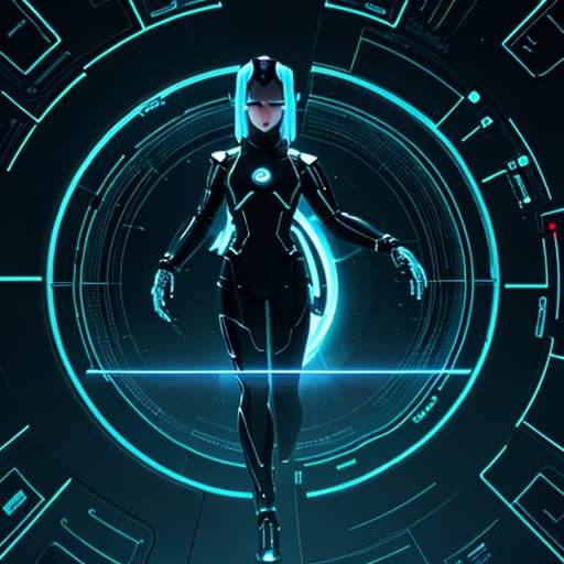  as a cinematic render, A sleek, advanced android with metallic limbs and glowing circuitry leaned forward, its fingers deftly navigating a holographic keyboard, surrounded by a futuristic interface displaying streams of data.