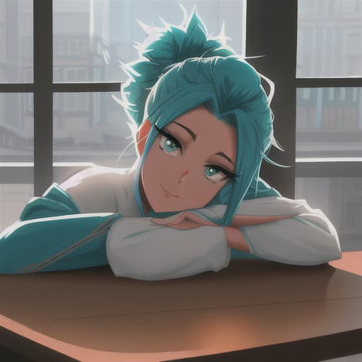  Captura de pantalla de my hero Academia una chica hermosa de pelo corto blanco con puntas azul menta ojos un poco grandes color azul menta sentada mirando la ventana con una taza de café y una sonrisa pequeña y una pijama blanca de tiras hyperrealistic, full body, detailed clothing, highly detailed, cinematic lighting, stunningly beautiful, intricate, sharp focus, f/1. 8, 85mm, (centered image composition), (professionally color graded), ((bright soft diffused light)), volumetric fog, trending on instagram, trending on tumblr, HDR 4K, 8K