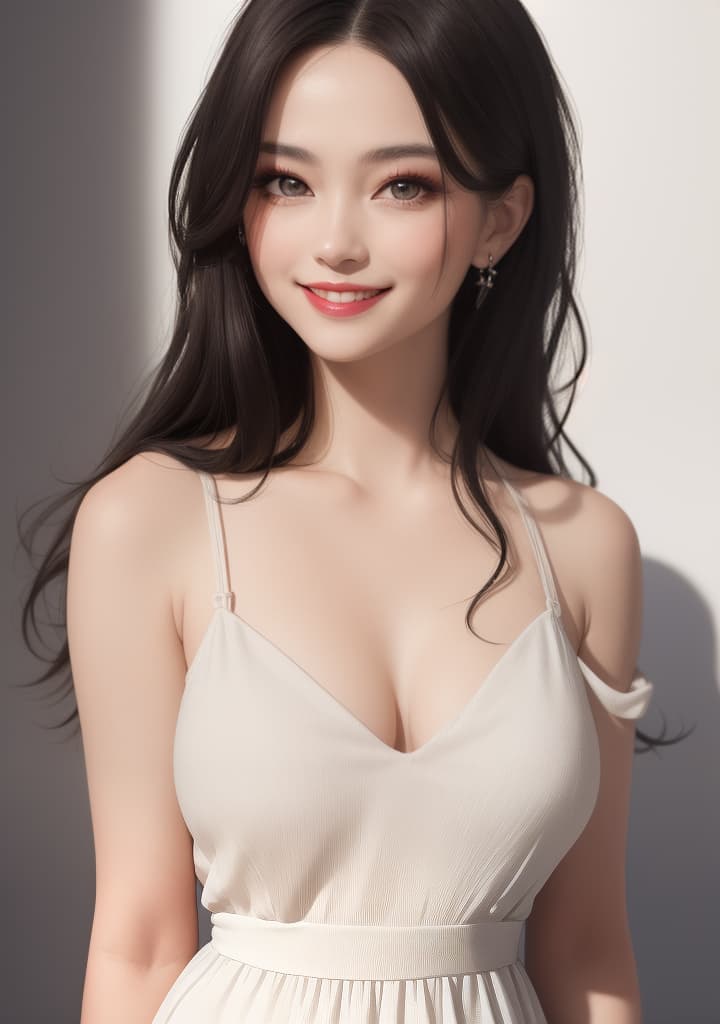  ((1 1, long hair, smile, makeup face, white background, sed Hair,cute smile, upper body, studio light, side light, wearing open shoulder dress)),(), beautiful, high quality,masterpiece,extremely detailed,high res,4k,ultra high res,detailed shadow,ultra realistic,dramatic lighting,bright light