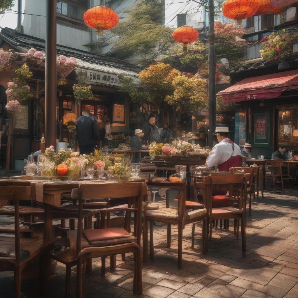  Tokyo street restaurant, like a cafe, flowers, tables, comfortable chairs, customers. hyperrealistic, full body, detailed clothing, highly detailed, cinematic lighting, stunningly beautiful, intricate, sharp focus, f/1. 8, 85mm, (centered image composition), (professionally color graded), ((bright soft diffused light)), volumetric fog, trending on instagram, trending on tumblr, HDR 4K, 8K