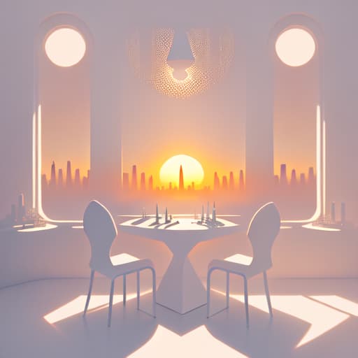 in OliDisco style Futuristic style. Deck of cards over white table. Sunset through a window with a city view. White and soft tones.
