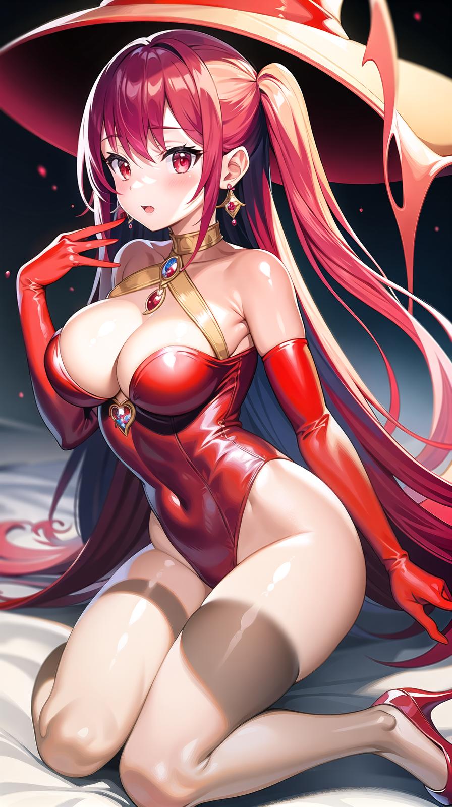  master piece , best quality,Red witch hat, ruby magic wand, red leotard, red long cape, red gloves, red high heels, red ribbons, ruby earrings, ruby ornaments, red angel wings, long two side up hairstyle, pink hair color, big s, beautiful , transformation, full body