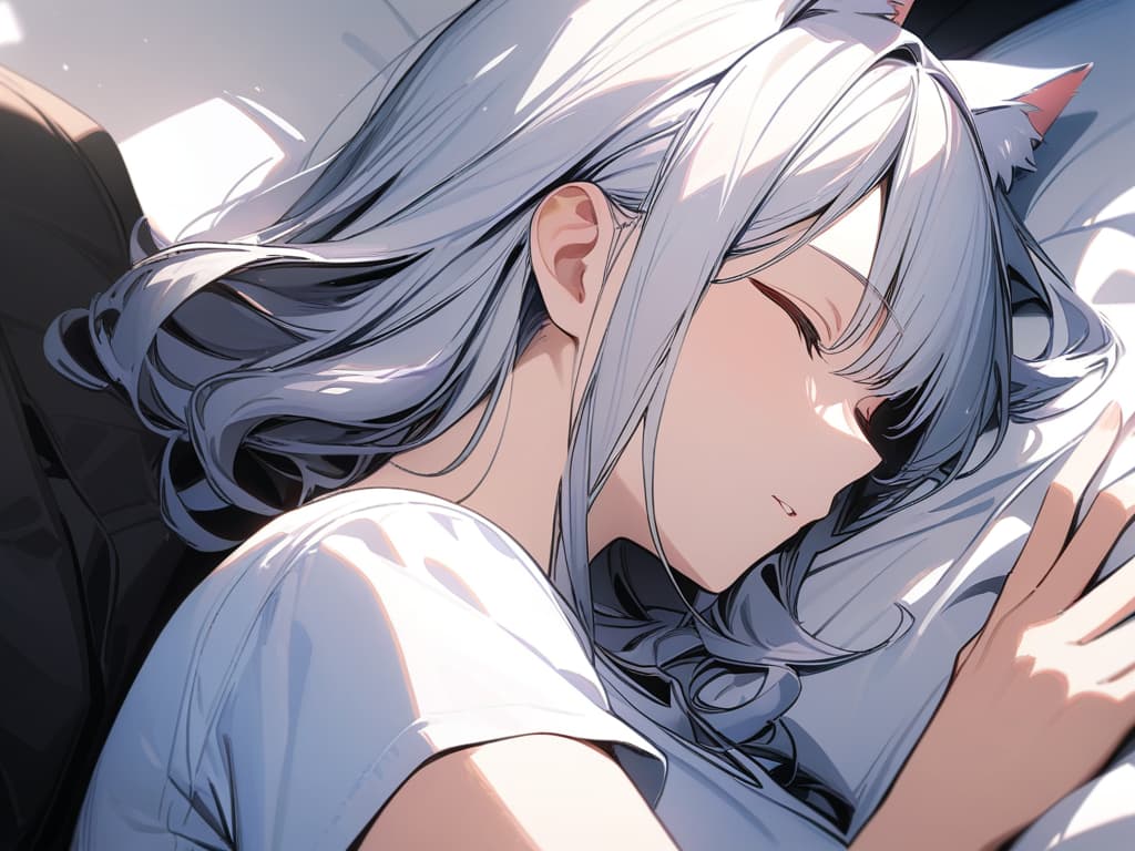  Cat ears, bob hair, sleeping, wearing white hair, wearing T shirts, masterpiece, best quality,8k,ultra detailed,high resolution,an extremely delicate and beautiful,hyper detail