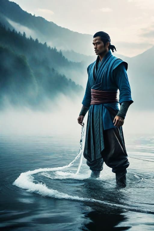  Water bending man hyperrealistic, full body, detailed clothing, highly detailed, cinematic lighting, stunningly beautiful, intricate, sharp focus, f/1. 8, 85mm, (centered image composition), (professionally color graded), ((bright soft diffused light)), volumetric fog, trending on instagram, trending on tumblr, HDR 4K, 8K