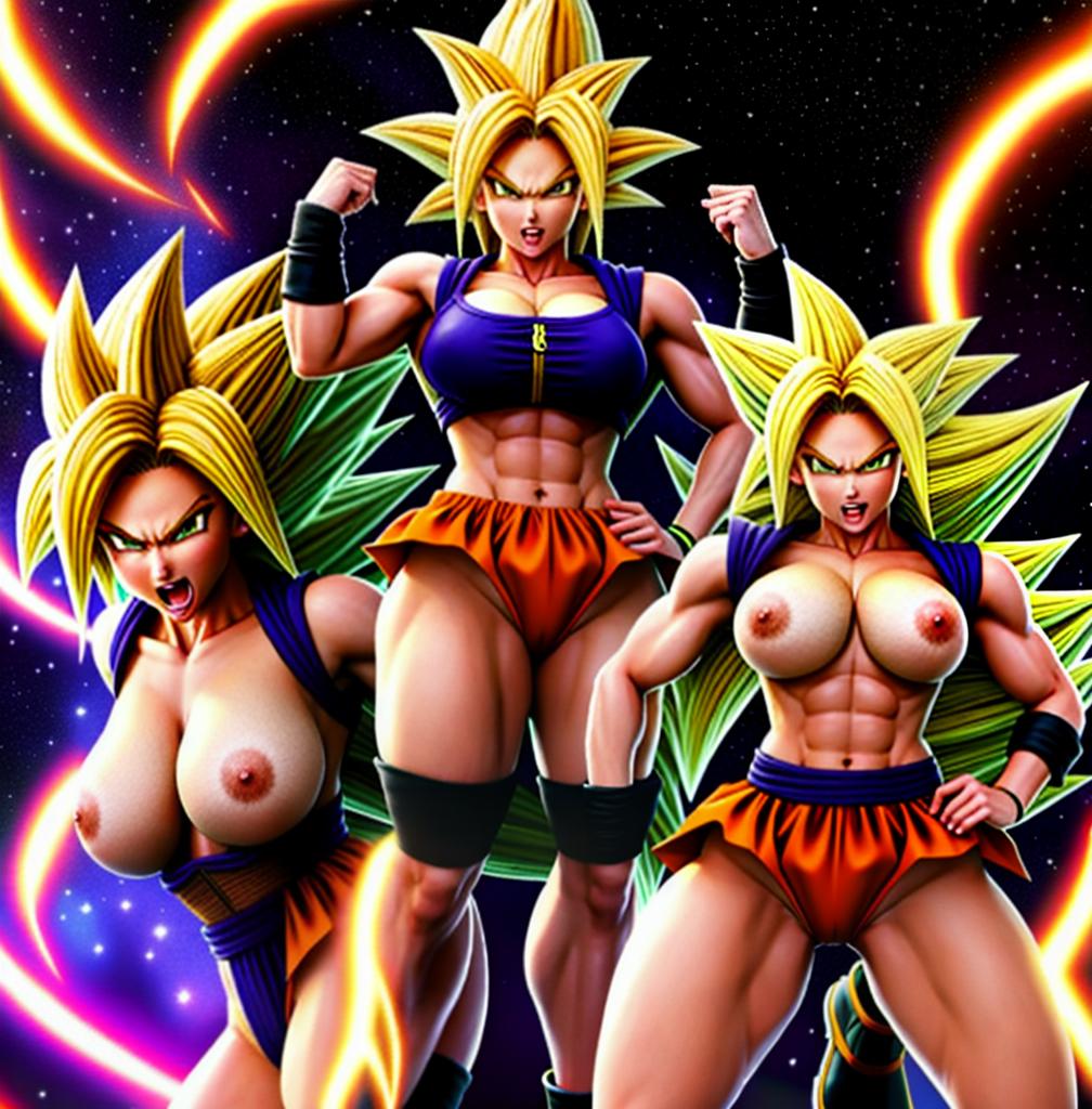  ((foto de cuerpo completo, pie plano, cuerpo recto)), ((laura {Super Super Saiyan mujer con grandes pechos})), ((lleva puesto son goku+Los disfraces de ella son extremadamente ajustados a su cuerpo.))