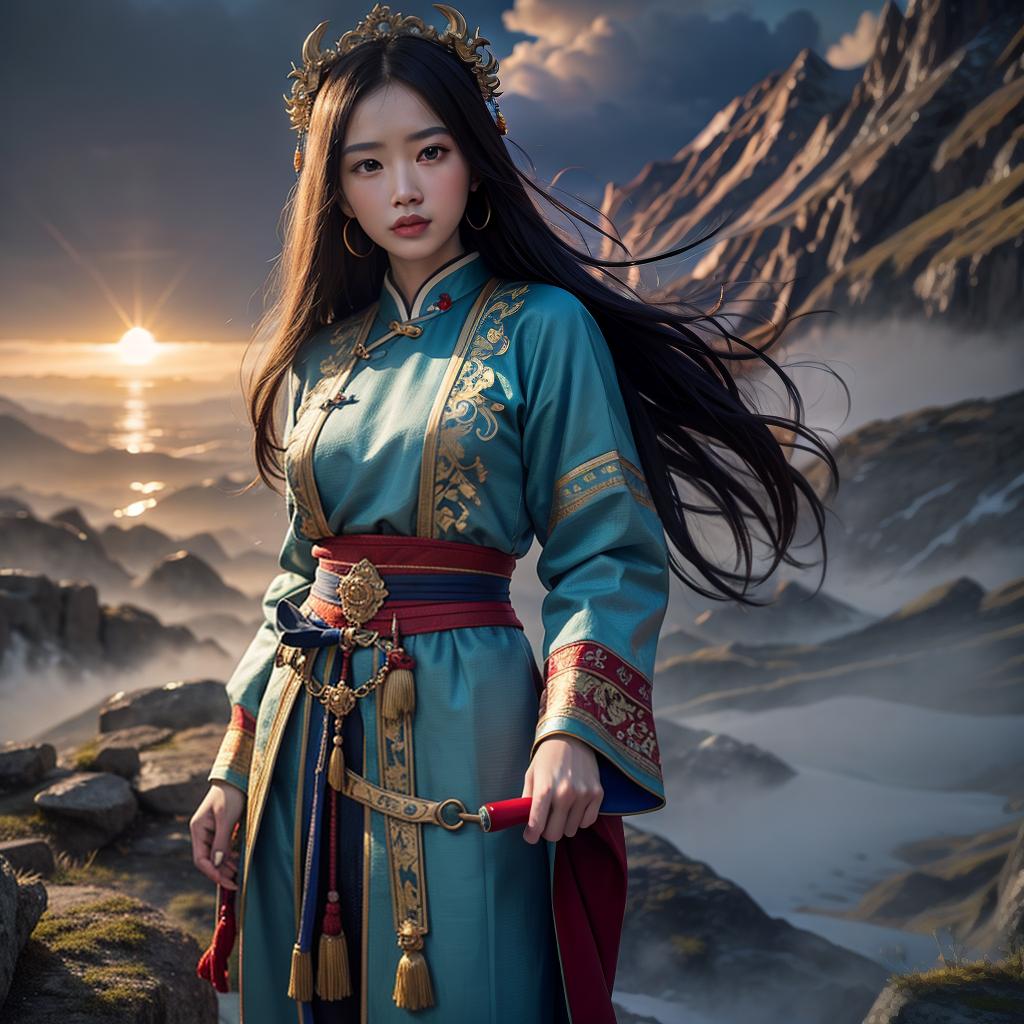  You draw a picture of a realistic landscape in the style of a traditional Chinese landscape painting. hyperrealistic, full body, detailed clothing, highly detailed, cinematic lighting, stunningly beautiful, intricate, sharp focus, f/1. 8, 85mm, (centered image composition), (professionally color graded), ((bright soft diffused light)), volumetric fog, trending on instagram, trending on tumblr, HDR 4K, 8K