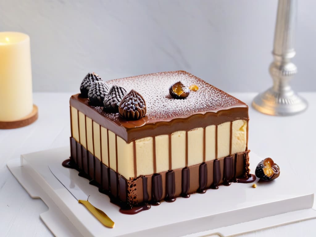  A photorealistic image of a multilayered Opera Cake, showcasing its intricate layers of almond sponge cake, coffee buttercream, and chocolate ganache. The cake is elegantly decorated with a glossy chocolate glaze, gold leaf accents, and delicate piped designs on top. The backdrop is a pristine marble countertop with scattered coffee beans and a vintage silver cake server nearby. The lighting is soft, highlighting the textures and details of the luxurious dessert, making it appear both decadent and inviting. hyperrealistic, full body, detailed clothing, highly detailed, cinematic lighting, stunningly beautiful, intricate, sharp focus, f/1. 8, 85mm, (centered image composition), (professionally color graded), ((bright soft diffused light)), volumetric fog, trending on instagram, trending on tumblr, HDR 4K, 8K