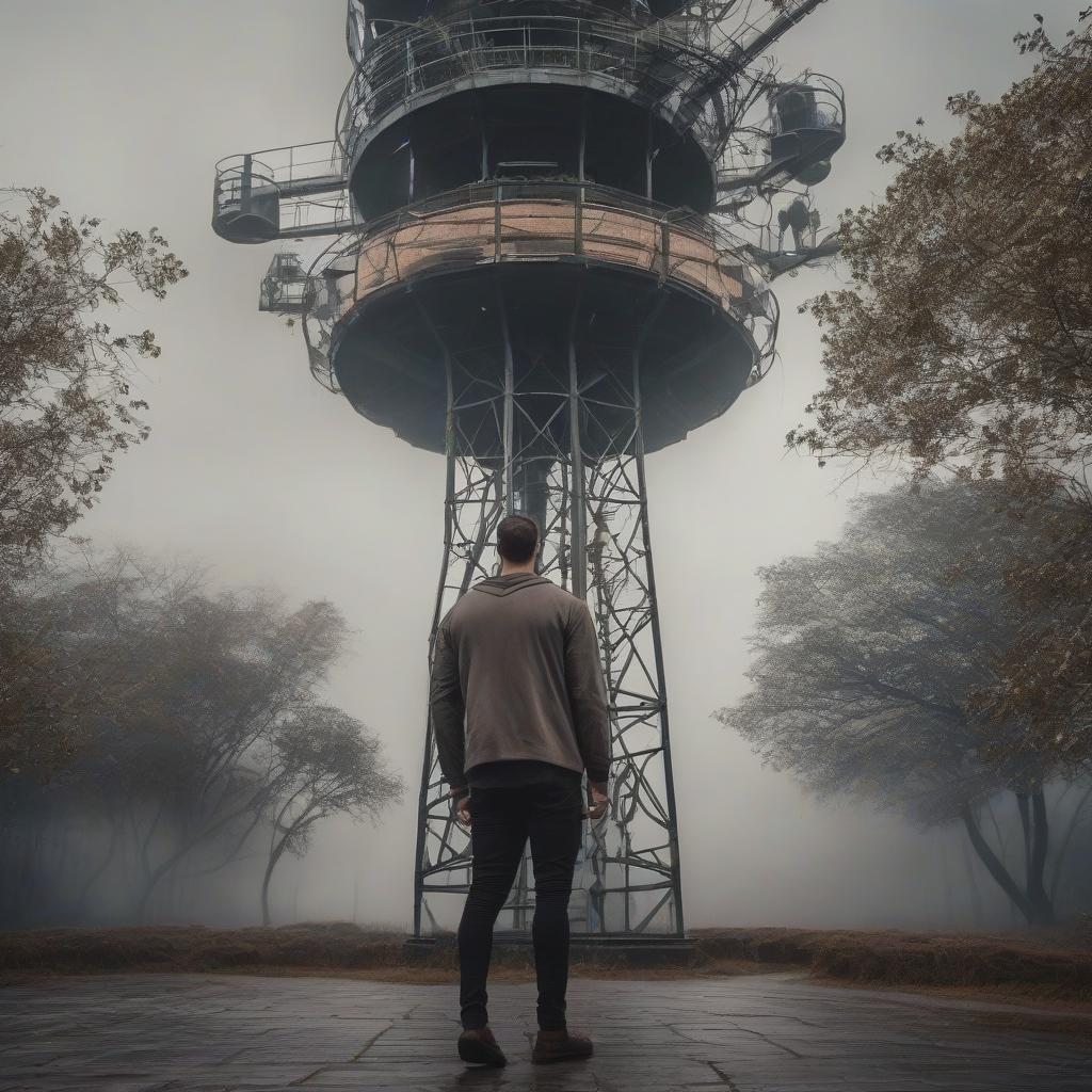  Basic Guy, he is wearing a Grimdark fashion style Henley shirt, inside of a Sculptural Telecommunications tower, at Overcast, spiritual and mystical atmosphere, narrative storytelling, manly, avant garde, elaborate, luxurious, stunning, handsome, aesthetic hyperrealistic, full body, detailed clothing, highly detailed, cinematic lighting, stunningly beautiful, intricate, sharp focus, f/1. 8, 85mm, (centered image composition), (professionally color graded), ((bright soft diffused light)), volumetric fog, trending on instagram, trending on tumblr, HDR 4K, 8K