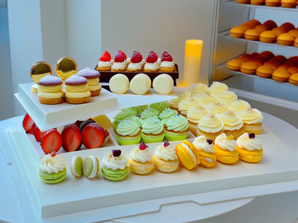  A minimalist, ultradetailed image of a pristine white kitchen counter showcasing an array of beautifully decorated glutenfree pastries and desserts. A variety of colorful macarons, elegantly frosted cupcakes, intricately layered cakes, and delicate tarts are artfully arranged on clean, marble countertops, with soft natural light streaming in to highlight their exquisite details. Each dessert is meticulously crafted, displaying intricate piping work, vibrant fruit garnishes, and shimmering edible decorations, enticing the viewer with their delicious and visually appealing presentation. hyperrealistic, full body, detailed clothing, highly detailed, cinematic lighting, stunningly beautiful, intricate, sharp focus, f/1. 8, 85mm, (centered image composition), (professionally color graded), ((bright soft diffused light)), volumetric fog, trending on instagram, trending on tumblr, HDR 4K, 8K