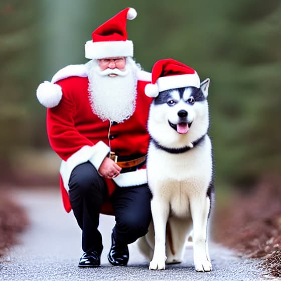  husky dog with santa claus and christmas tree hyperrealistic, full body, detailed clothing, highly detailed, cinematic lighting, stunningly beautiful, intricate, sharp focus, f/1. 8, 85mm, (centered image composition), (professionally color graded), ((bright soft diffused light)), volumetric fog, trending on instagram, trending on tumblr, HDR 4K, 8K