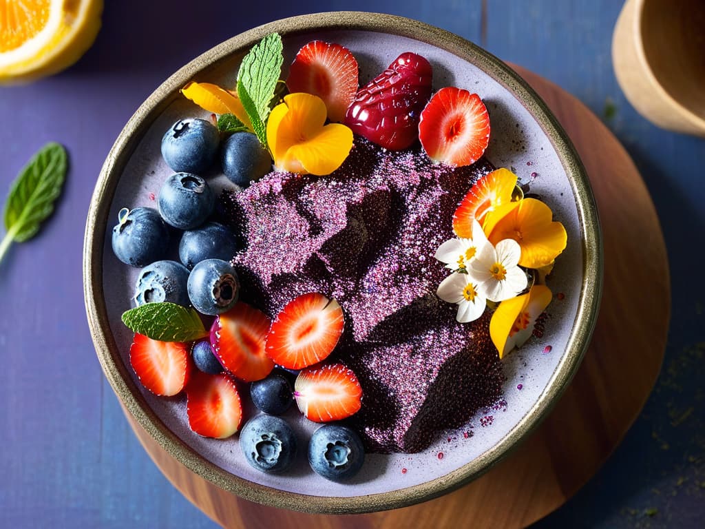  A closeup, ultradetailed image of a colorful acai bowl topped with fresh berries, chia seeds, and edible flowers, showcasing the vibrant textures and natural beauty of antioxidantrich ingredients. hyperrealistic, full body, detailed clothing, highly detailed, cinematic lighting, stunningly beautiful, intricate, sharp focus, f/1. 8, 85mm, (centered image composition), (professionally color graded), ((bright soft diffused light)), volumetric fog, trending on instagram, trending on tumblr, HDR 4K, 8K