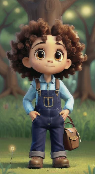  {The tree with a twinkling eye, while its leaves gently rustle., Riley, a curious with big brown eyes and curly hair, wearing overalls and carrying a small backpack. Their friend, Skye, a bluebird with shiny feathers.