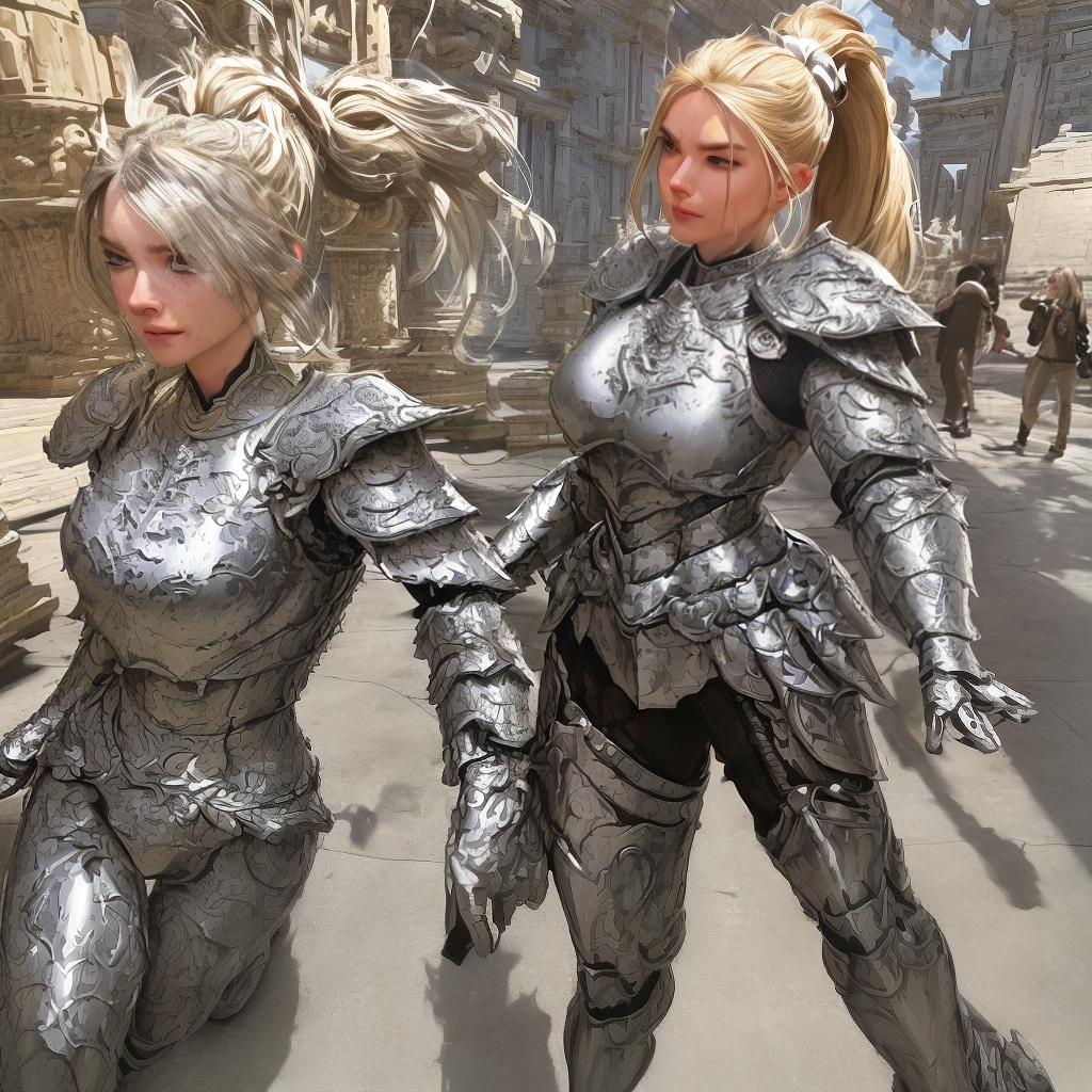  masterpiece, best quality,full body, walking pose, slow motion, female paladin wearing full body (light silver armour:1.2),(insanely detailed, bloom:1.5), (highest quality, Alessandro Casagrande, Greg Rutkowski, Sally Mann, concept art, 4k), (analog:1.2), (high sharpness), (detailed pupils:1.1), (painting:1.1), (digital painting:1.1), detailed face and eyes, Masterpiece, best quality, (highly detailed photo:1.1), 8k, photorealistic, (long blonde Hair, ponytail haircut, ecstatic:1.1), (young woman:1.1), By jeremy mann, by sandra chevrier, by maciej kuciara, sharp, (perfect body:1.1), realistic, real shadow, 3d, (temple background:1.2), (by Michelangelo),