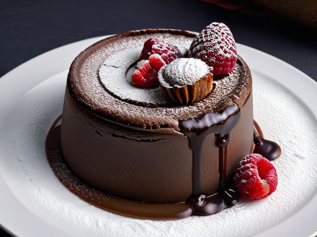  A closeup, ultradetailed image of a decadent chocolate lava cake with a perfectly gooey center, topped with a dusting of powdered sugar and a single fresh raspberry on a sleek, white plate. The cake is set against a minimalist, black background to enhance its rich, glossy texture and vibrant color contrast, showcasing the dessert's elegance and sophistication. hyperrealistic, full body, detailed clothing, highly detailed, cinematic lighting, stunningly beautiful, intricate, sharp focus, f/1. 8, 85mm, (centered image composition), (professionally color graded), ((bright soft diffused light)), volumetric fog, trending on instagram, trending on tumblr, HDR 4K, 8K