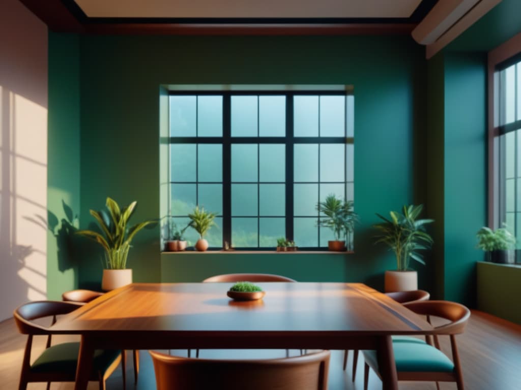 A serene and minimalistic image of a group meeting room with soft, pastelcolored walls and large windows allowing natural light to flood the space. The room is elegantly furnished with sleek, modern chairs and a long, polished wooden table. A few potted plants are strategically placed around the room, adding a touch of greenery. The overall ambiance is peaceful and inviting, perfect for a designfocused relaxation session. hyperrealistic, full body, detailed clothing, highly detailed, cinematic lighting, stunningly beautiful, intricate, sharp focus, f/1. 8, 85mm, (centered image composition), (professionally color graded), ((bright soft diffused light)), volumetric fog, trending on instagram, trending on tumblr, HDR 4K, 8K