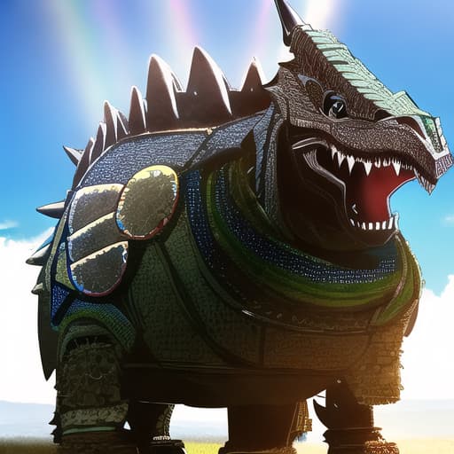  🌈 armored knight mounted on a 🦖🌈, mouth showing sharp teeth, 🏰 background