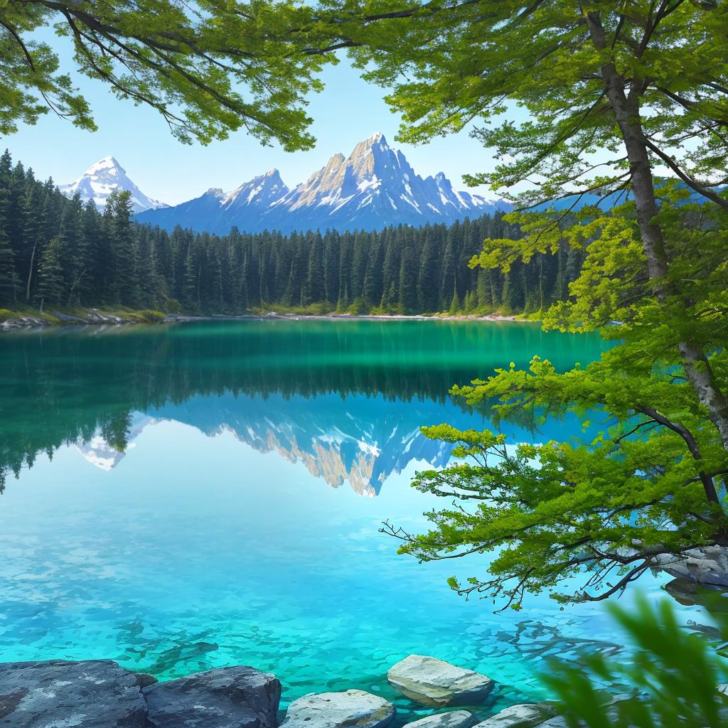  as a painting, Convey the serene majesty of towering mountains reflected in the crystal-clear waters of a tranquil alpine lake, using your unique artistic vision to evoke a sense of awe and tranquility.