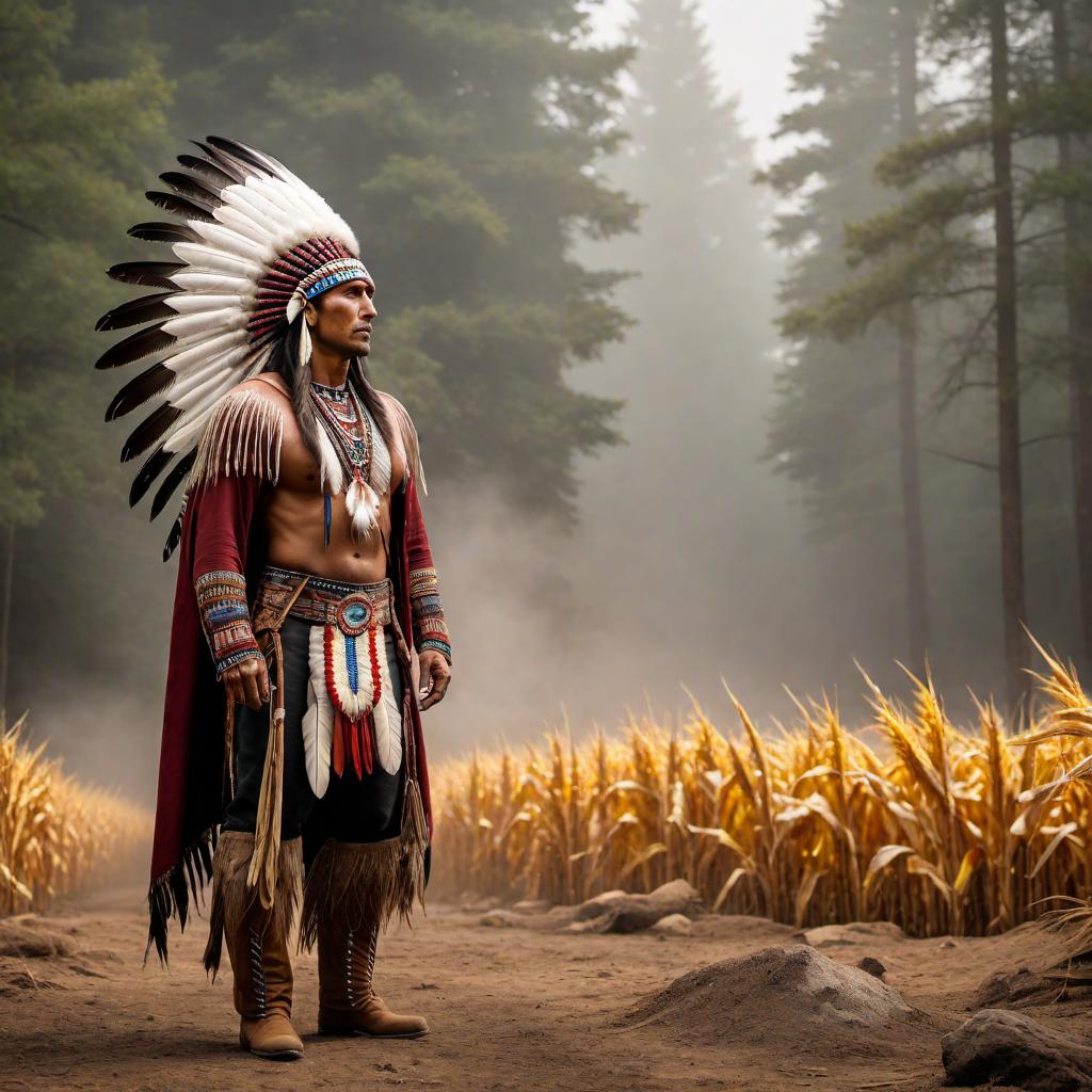  Remove the feathers from the image, replace the background with corn, and add text on the side that promotes supporting a Native American-owned company. hyperrealistic, full body, detailed clothing, highly detailed, cinematic lighting, stunningly beautiful, intricate, sharp focus, f/1. 8, 85mm, (centered image composition), (professionally color graded), ((bright soft diffused light)), volumetric fog, trending on instagram, trending on tumblr, HDR 4K, 8K