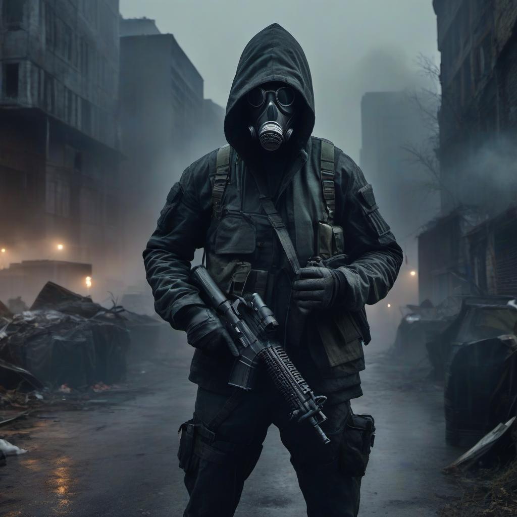  The stalker is wearing a dark hooded jacket with a half mask gas mask. On his chest and shoulders, tactical equipment. In his hands he holds a pistol. He stands in the middle of the street, slightly turning his head to the right, as if listening to something. A light mist covers the street, creating a somber mood. Light pierces through the clouds, illuminating the gray green scene. Splinters, trash, and overgrown bushes litter the ground, reflecting the desolation of the "S.T.A.L.K.E.R." world. hyperrealistic, full body, detailed clothing, highly detailed, cinematic lighting, stunningly beautiful, intricate, sharp focus, f/1. 8, 85mm, (centered image composition), (professionally color graded), ((bright soft diffused light)), volumetric fog, trending on instagram, trending on tumblr, HDR 4K, 8K