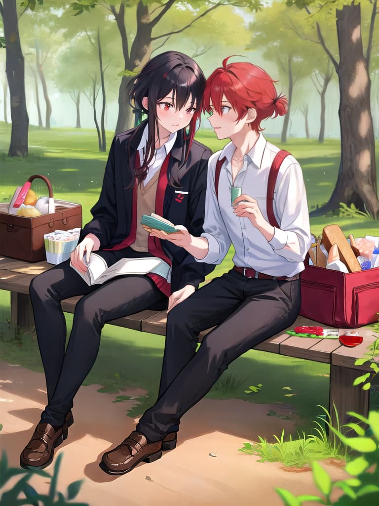  Red haired boy having a picnic with his black haired boyfriend in the forest
