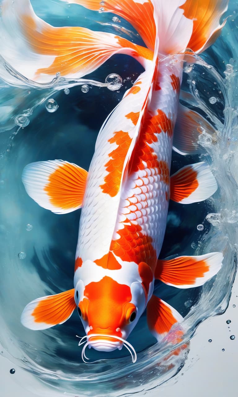  Digital Image. One translucent koi carp, Taisho Sanshoku. Beautiful, perfectly shaped, with a harmonious composition of bright spots. Luminous, bioluminescent. With x ray effect. With beautiful fiery fins and tail. Background: surreal abstractionism with splashes and waves. Magical realism. Splash art, spirit ink. Meticulous detail, sharp focus, dark fantasy, luminous, colourful fractal painting, intense colour. HDR, octane rendering, cinematic light. hyperrealistic, full body, detailed clothing, highly detailed, cinematic lighting, stunningly beautiful, intricate, sharp focus, f/1. 8, 85mm, (centered image composition), (professionally color graded), ((bright soft diffused light)), volumetric fog, trending on instagram, trending on tumblr, HDR 4K, 8K