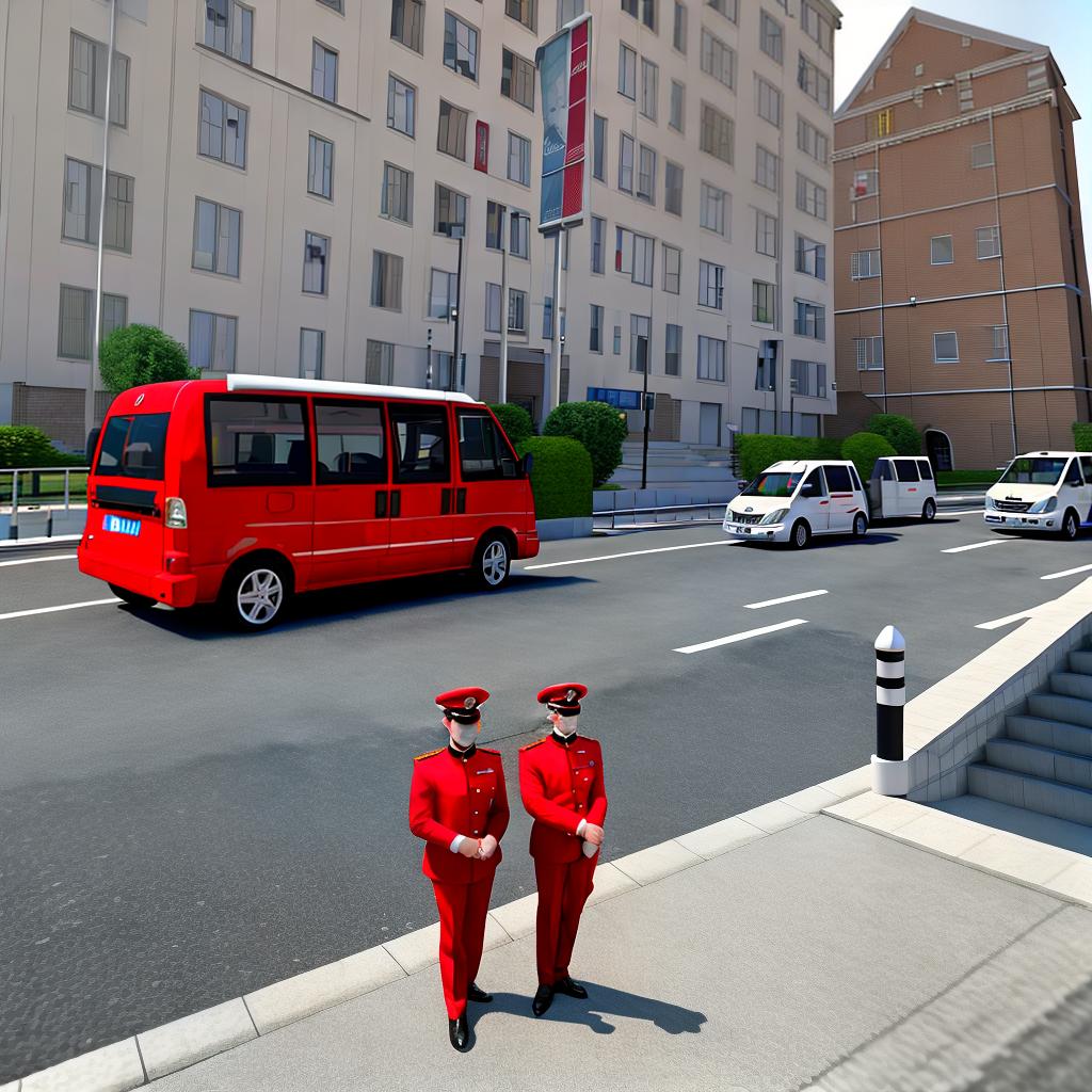  masterpiece, best quality, 3d realistic image, 5 technicians in red uniforms with the words "SMART CCTV" are standing and stylish. The background of the van contains stairs, CCTV and cables. 3d