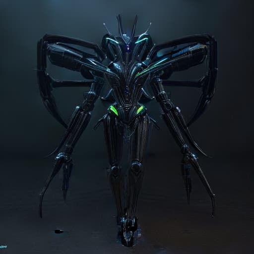  A highly detailed 3D render of a futuristic robot, inspired by the works of H.R. Giger. The robot has a sleek and metallic design, with glowing neon lights and intricate mechanical parts. The background is dark and atmospheric, with cinematic lighting adding depth and drama to the image.