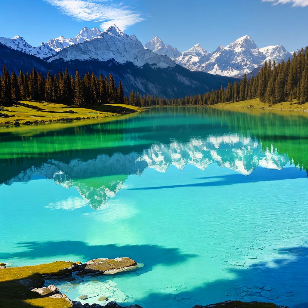  as a painting, Convey the serene majesty of towering mountains reflected in the crystal-clear waters of a tranquil alpine lake, using your unique artistic vision to evoke a sense of awe and tranquility.