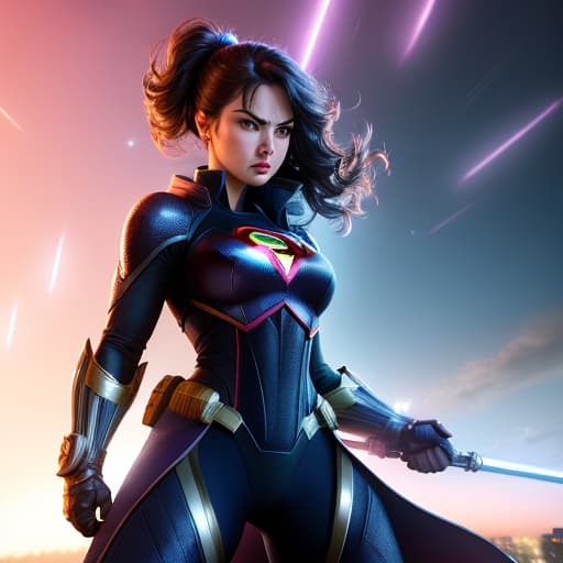  A superhero woman fights creaters at night, , hyperrealistic, high quality, highly detailed, perfect lighting, intricate, sharp focus, f/1. 8, 85mm, (centered image composition), (professionally color graded), ((bright soft diffused light)), trending on instagram, HDR 4K, 8K